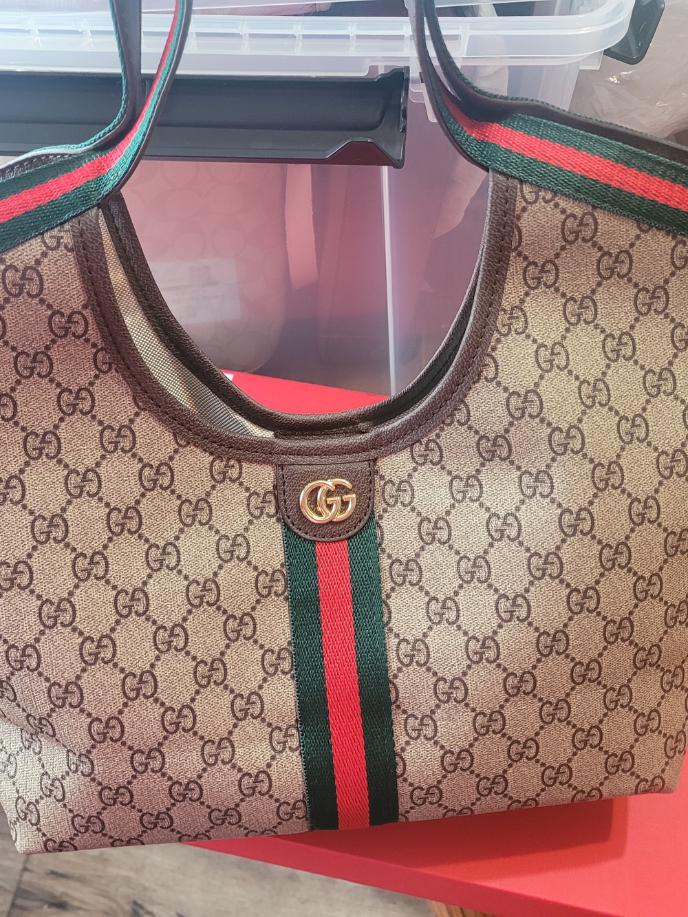 Gucci GG Canvas Shoulder Bag in Brown with Green-Red Stripe